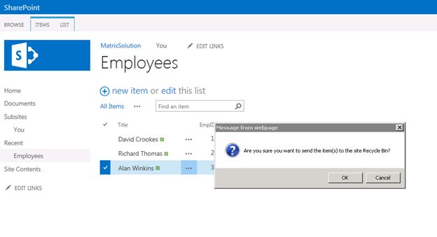 Popup to delete item